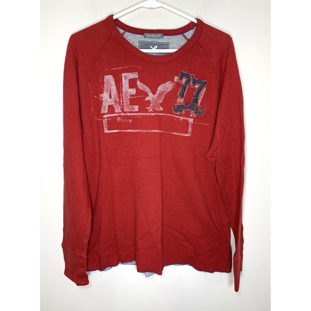 American Eagle T-Shirt Mens Large Red Long Sleeve Y2K Thermal AE77 Distressed